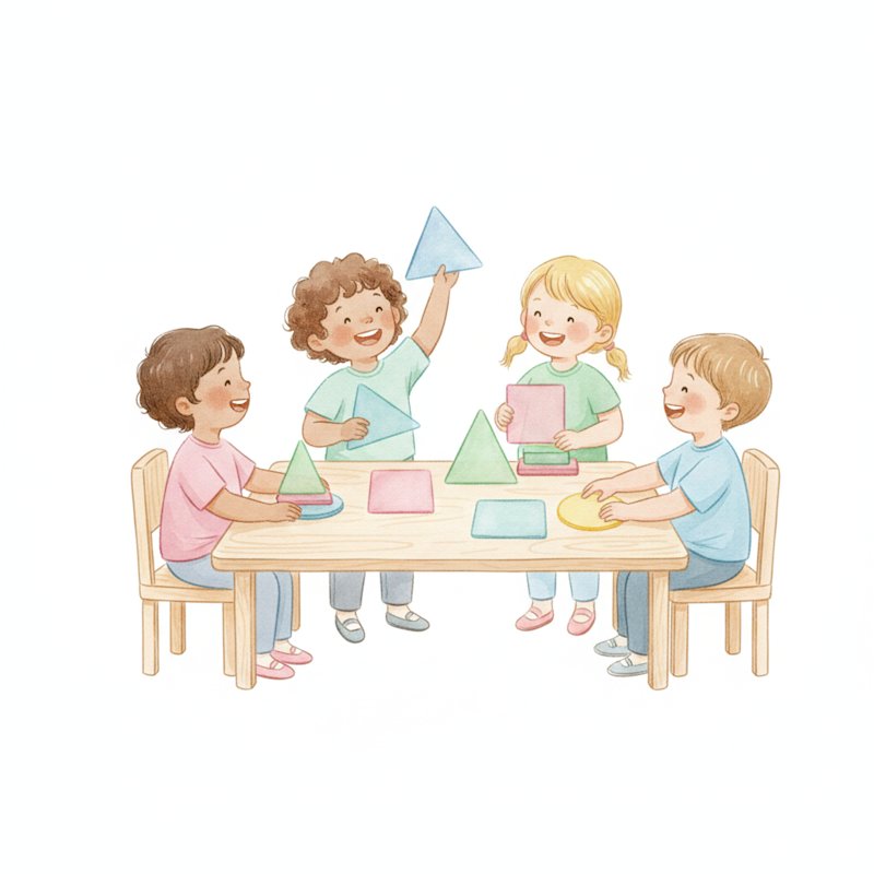 Children playing with colorful geometric shapes at a table