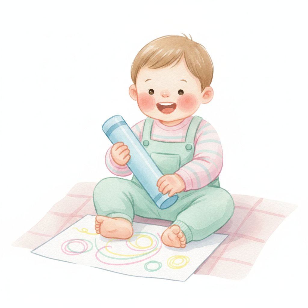 A toddler making first scribbles with a chunky crayon, the starting point of open-ended mark-making
