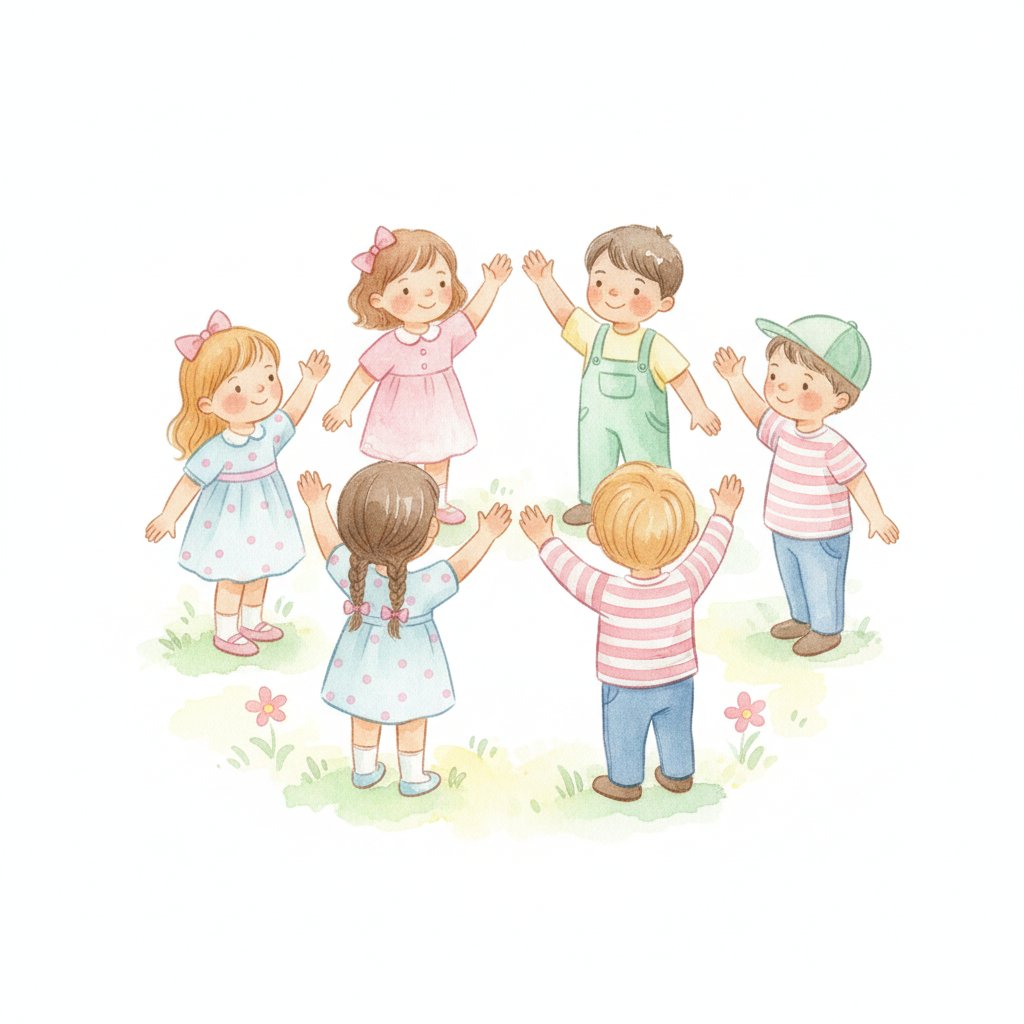 young children doing a gentle goodbye song with a calm wave
