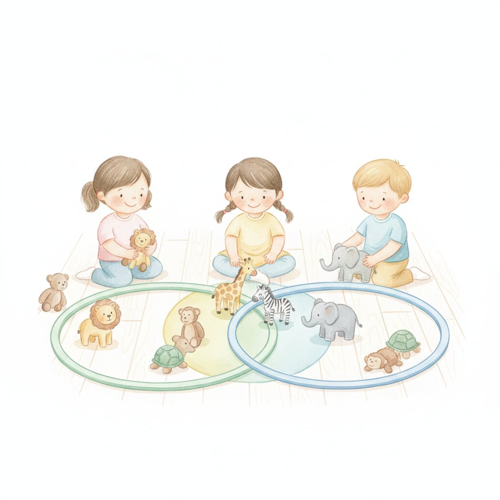 Children sorting toy animals into two overlapping hula hoops as a Venn diagram