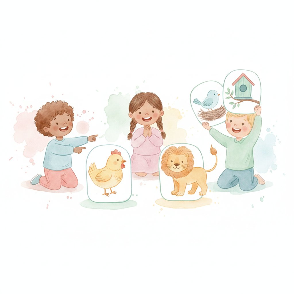 Children matching baby animals to parents and animals to their homes
