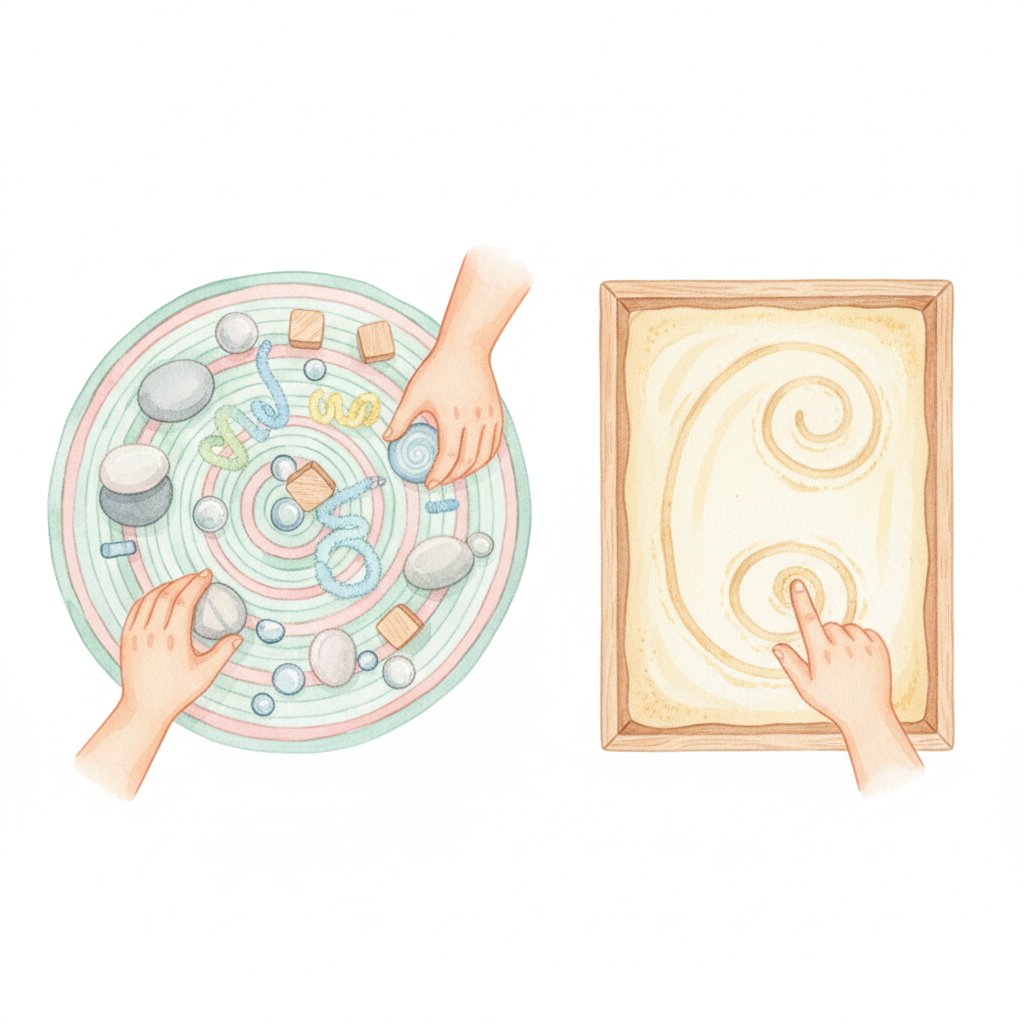 A child shaping loose parts and tracing in a sand tray with one finger