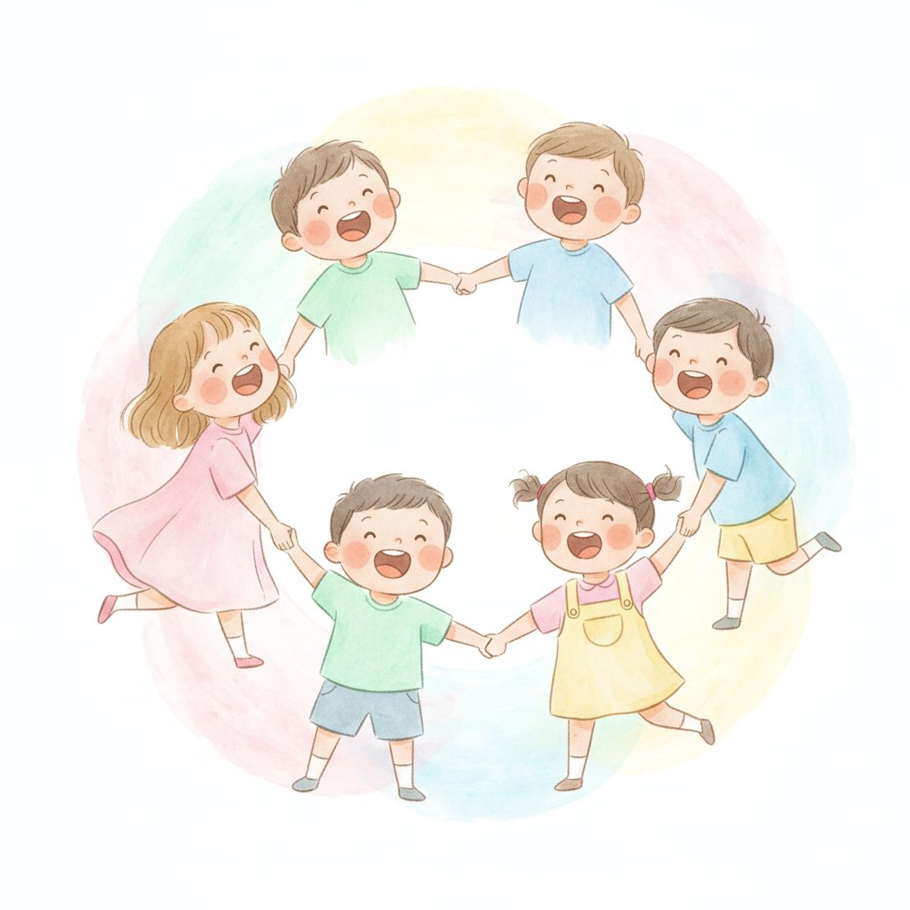 Watercolor of cheerful preschoolers singing together in a circle