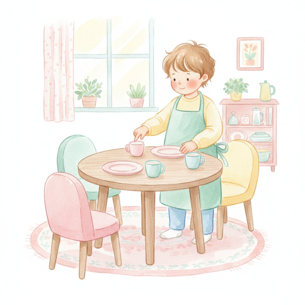 A child setting a table and counting plates and cups for each seat