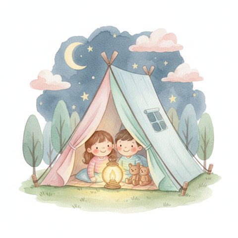 cheerful young children camping in a cozy tent at night with a soft lantern glow