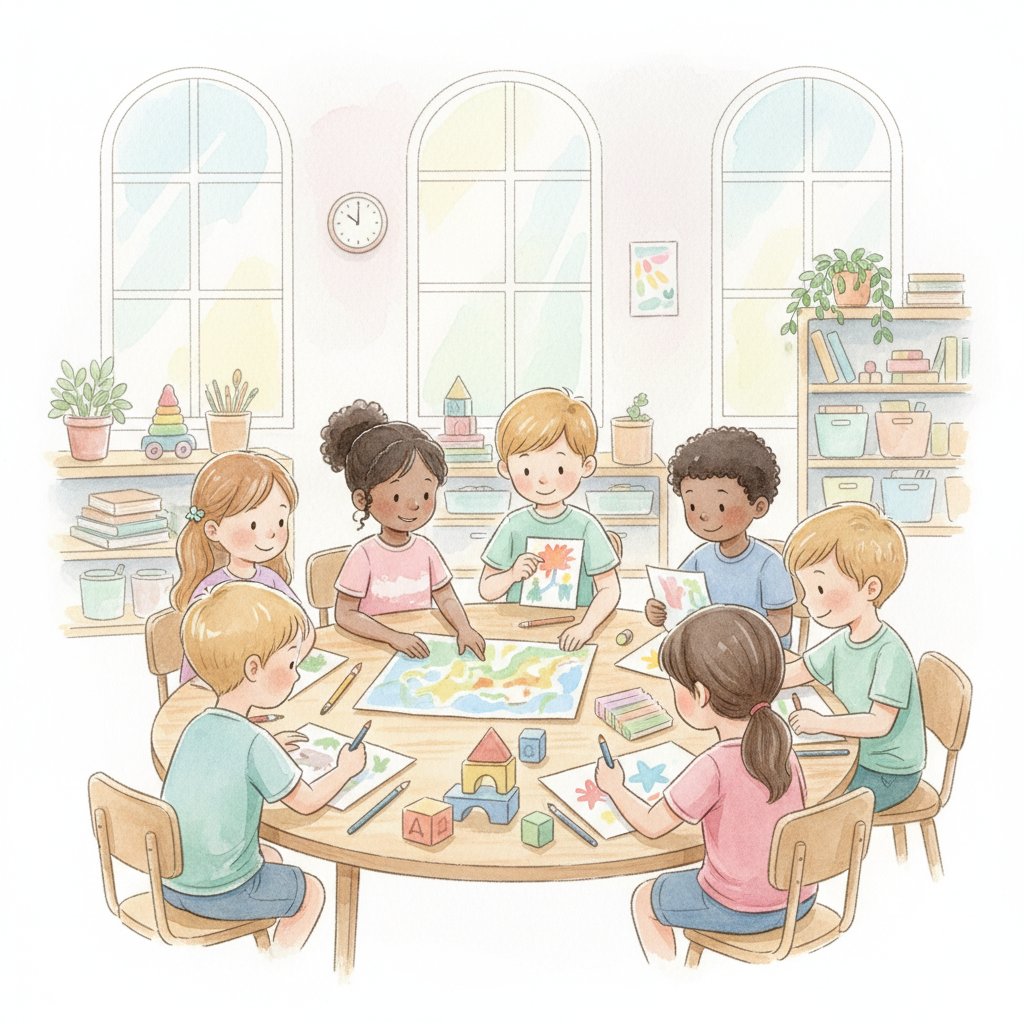 Calm focused classroom of children collaborating happily on group work