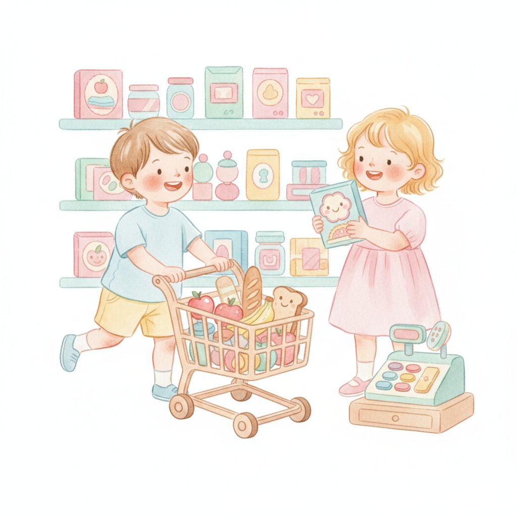 Watercolor illustration of children playing pretend grocery store with a toy shopping cart and cash register