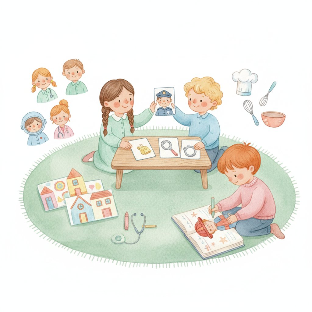 Children matching helper pictures to tools and drawing future careers
