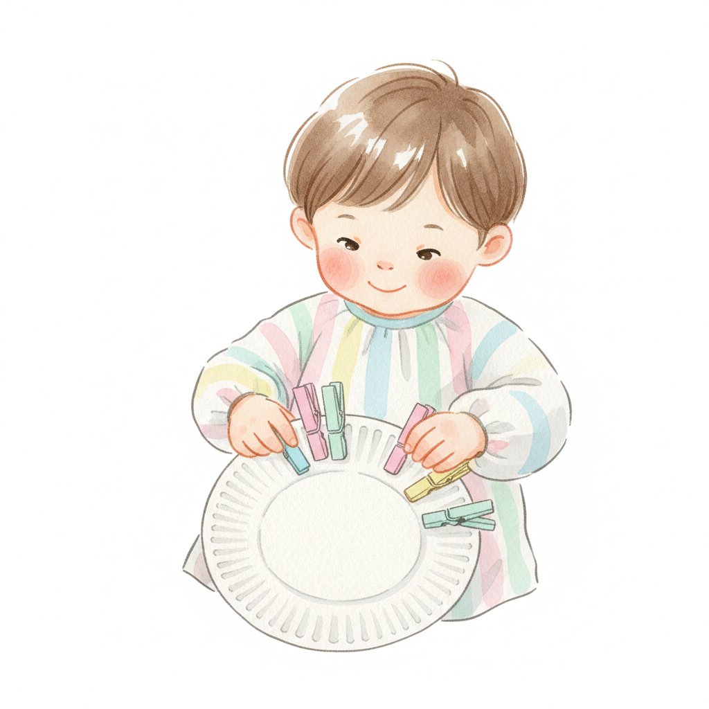 A cheerful young child pinching colorful clothespins and clipping them onto a paper plate to strengthen little hands