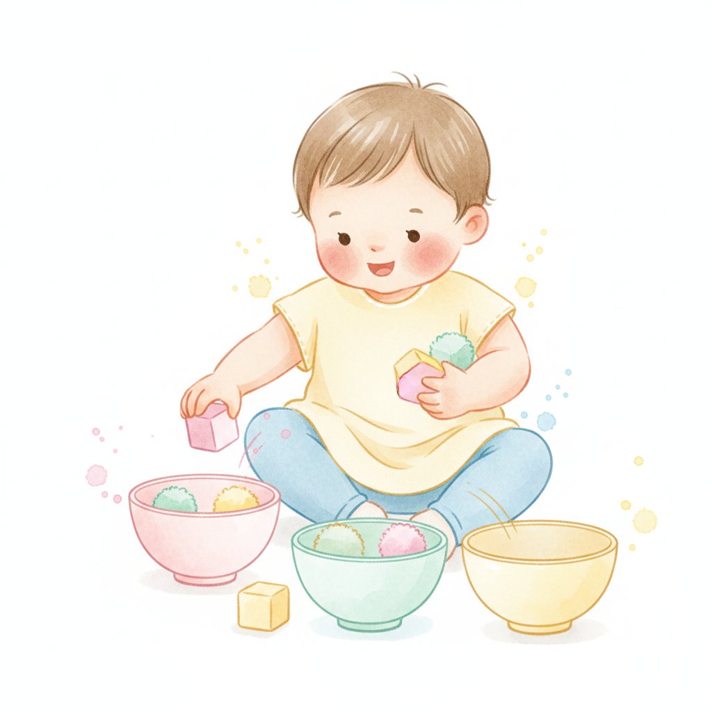 Toddler sorting colourful blocks and balls into matching coloured bowls