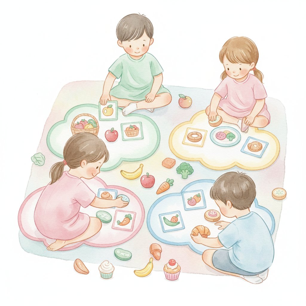 Children sorting colorful play food onto category mats