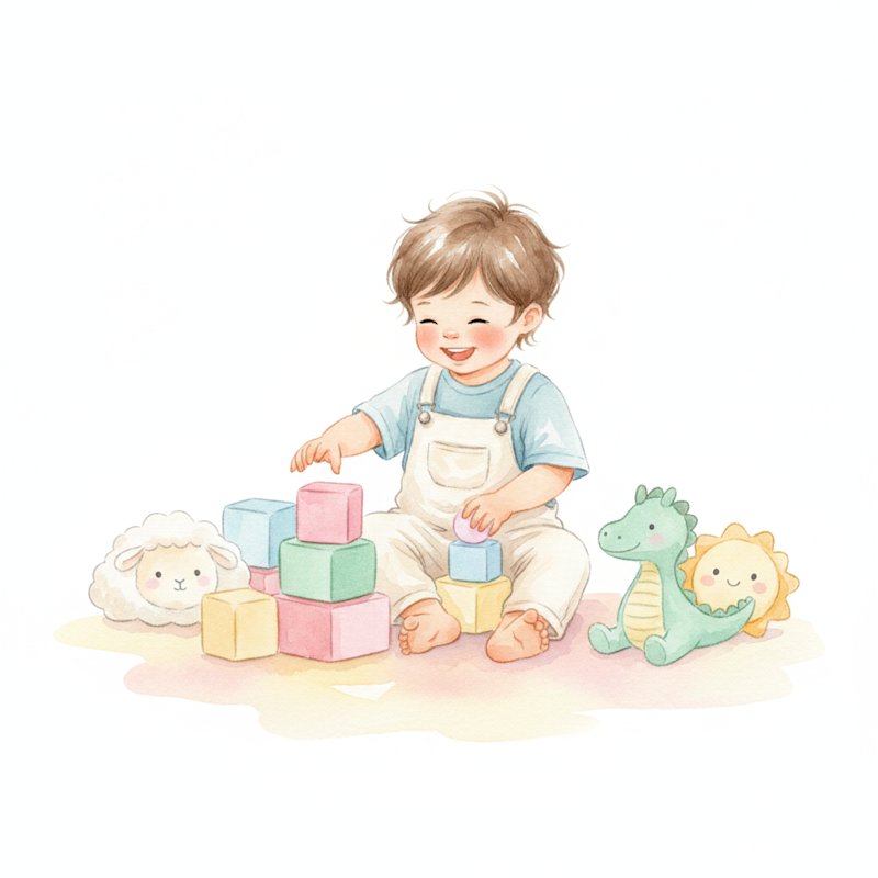 Watercolor illustration of a happy toddler playing with stacking blocks and soft toys