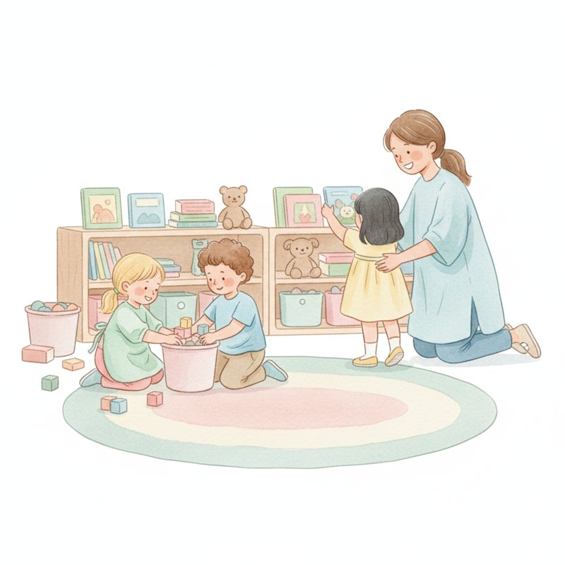 Children happily tidying up a preschool playroom with a teacher