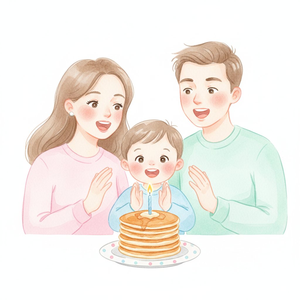 Family celebrating a special-day breakfast with pancakes and a candle on a special plate