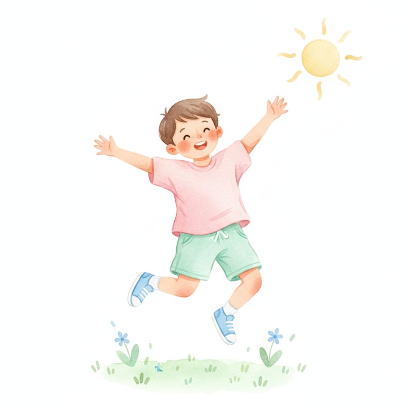 Watercolor illustration of a healthy child jumping joyfully outdoors under the sun