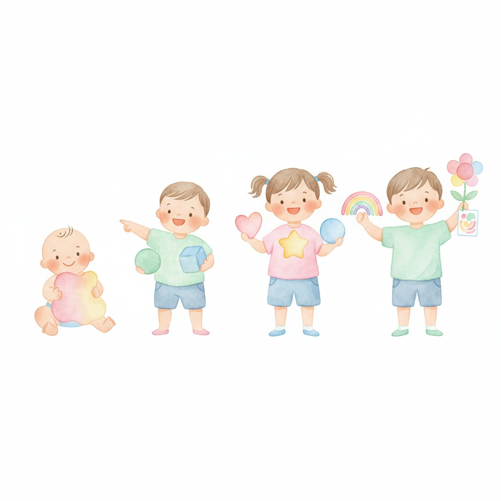 Children of growing ages holding colourful objects showing colour-naming development