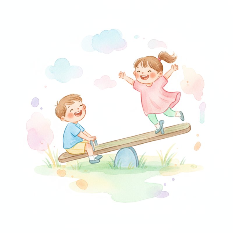 Watercolor illustration of two children on a seesaw, one up high and one down low