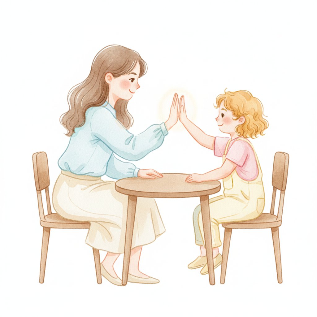 Watercolor illustration of a teacher and child sharing a high-five at a desk