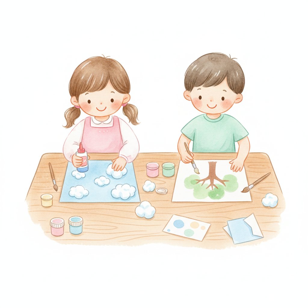 Children making cotton ball cloud crafts at a table