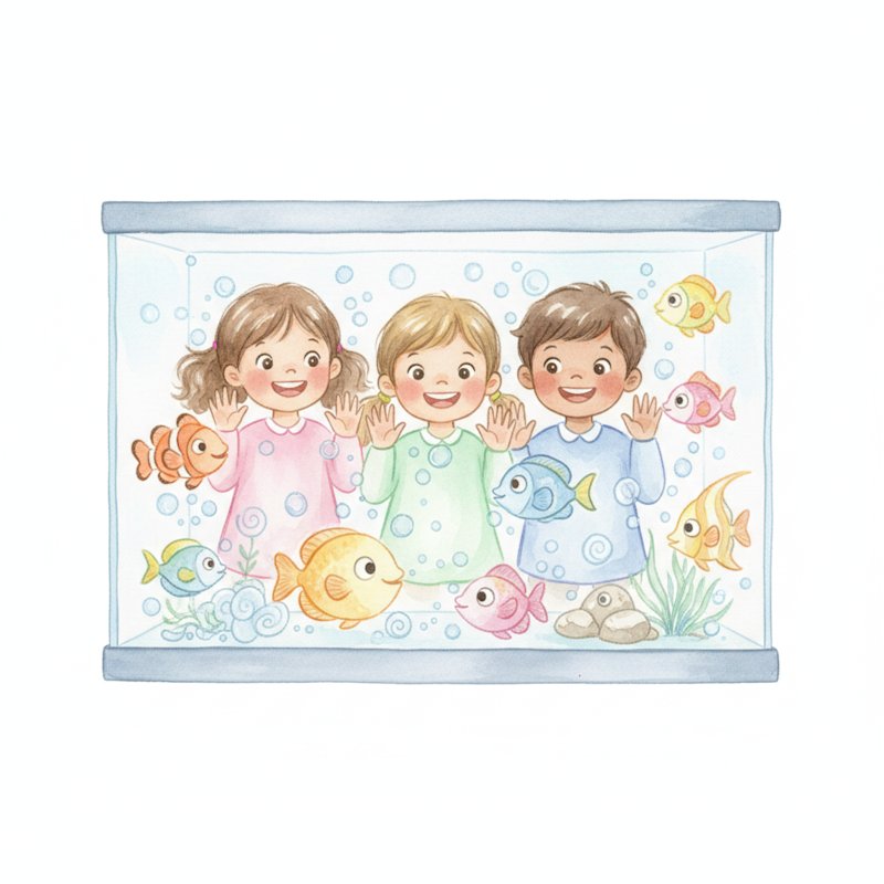 Children gazing in wonder at a colorful home aquarium