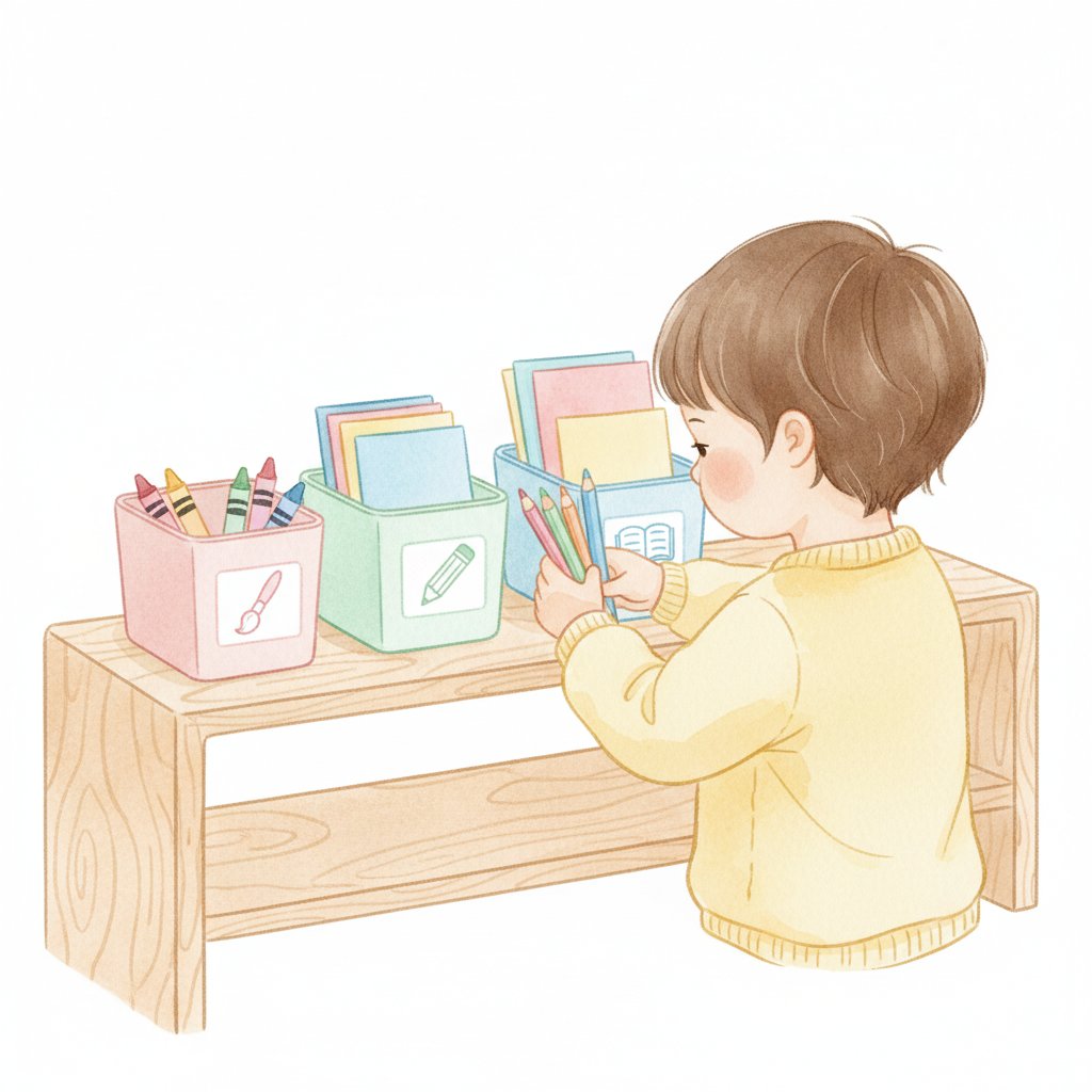 Child returning pencils and paper to colour-coded labeled bins