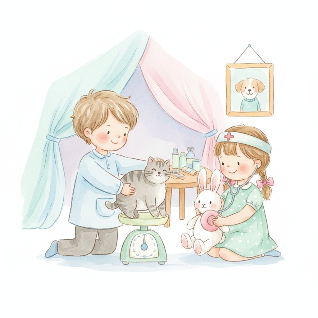 Watercolor illustration of children setting up a pretend vet exam room, weighing a stuffed cat and examining a stuffed rabbit