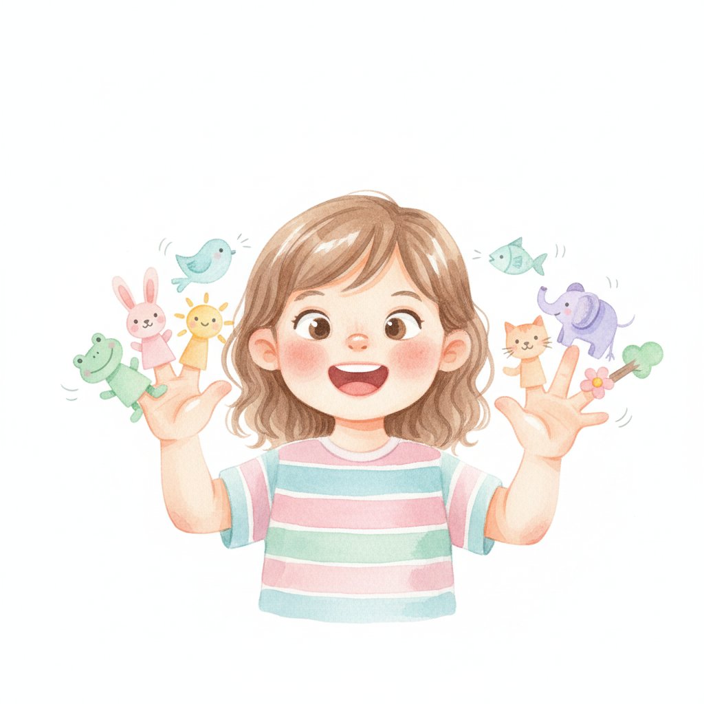 Watercolor illustration of a child wearing colorful paper finger puppets on each finger