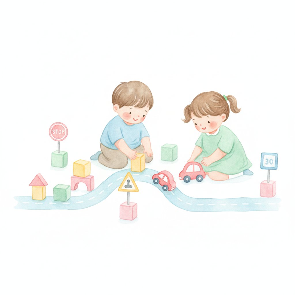 Watercolor of children building a toy road city