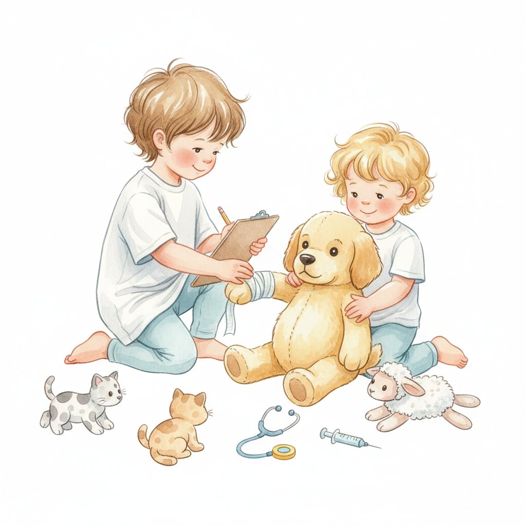 Watercolor illustration of children playing pretend veterinarian, bandaging a stuffed golden retriever with a clipboard