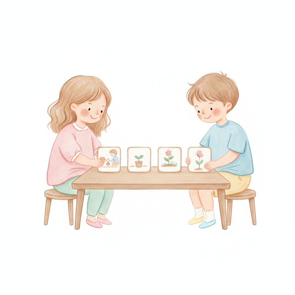 Watercolor illustration of children arranging photo cards in sequence on a table