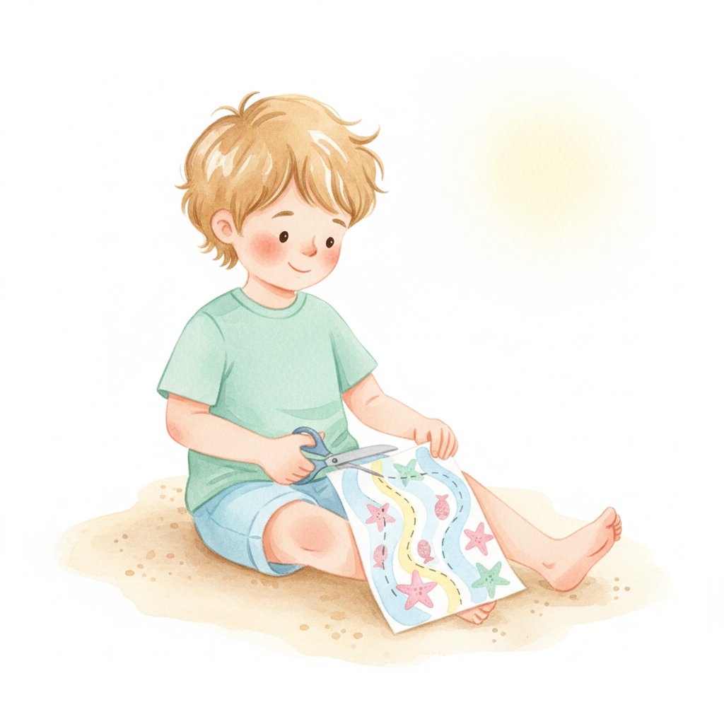 A child cutting along gentle ocean-wave curves on a beach-themed cutting worksheet