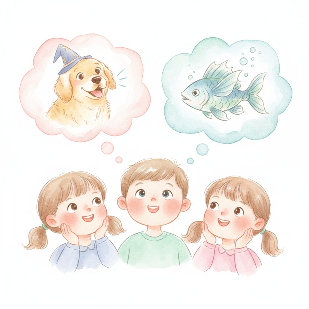 Children imagining playful what-if ideas in dreamy thought clouds