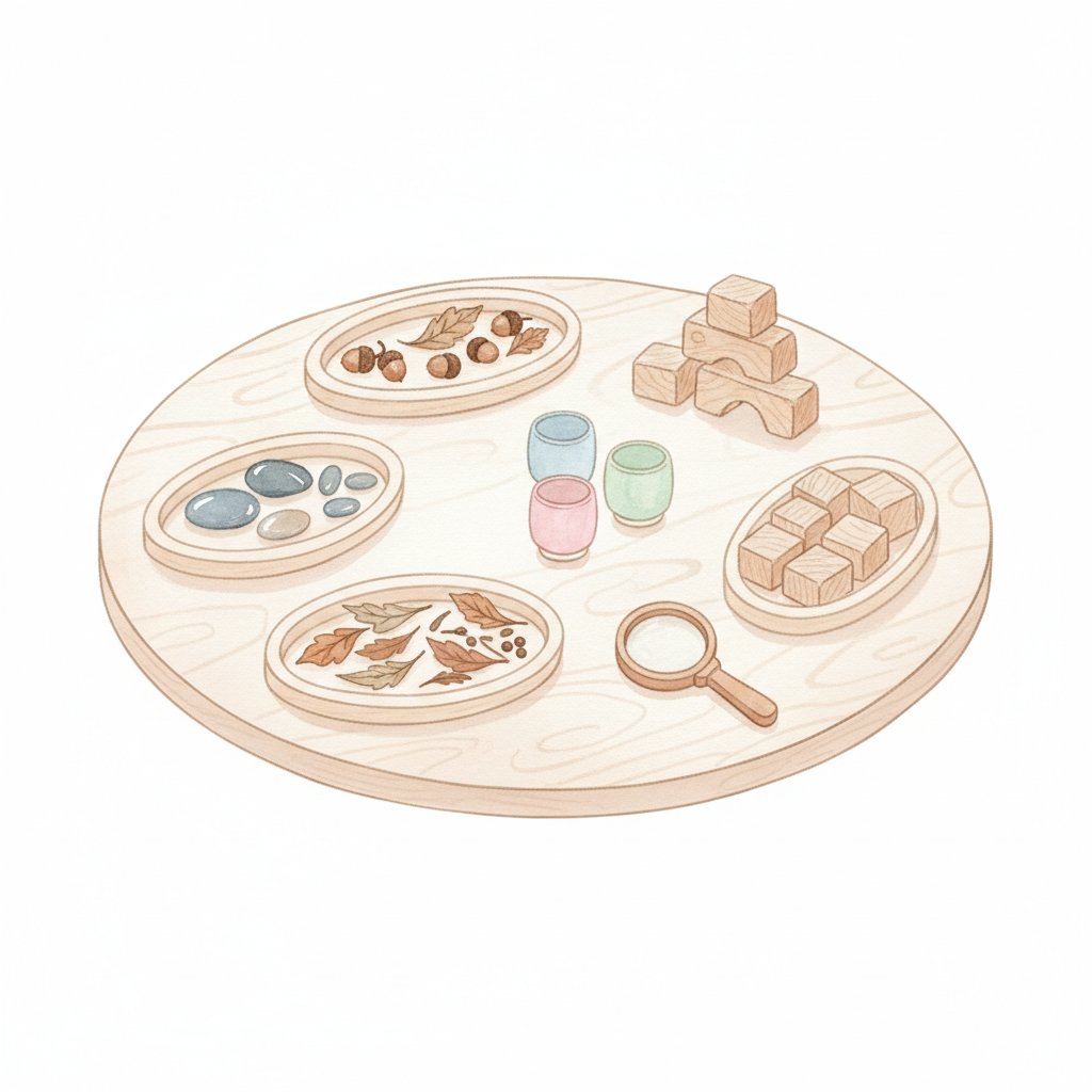 Hands-on learning center table set up with materials to explore