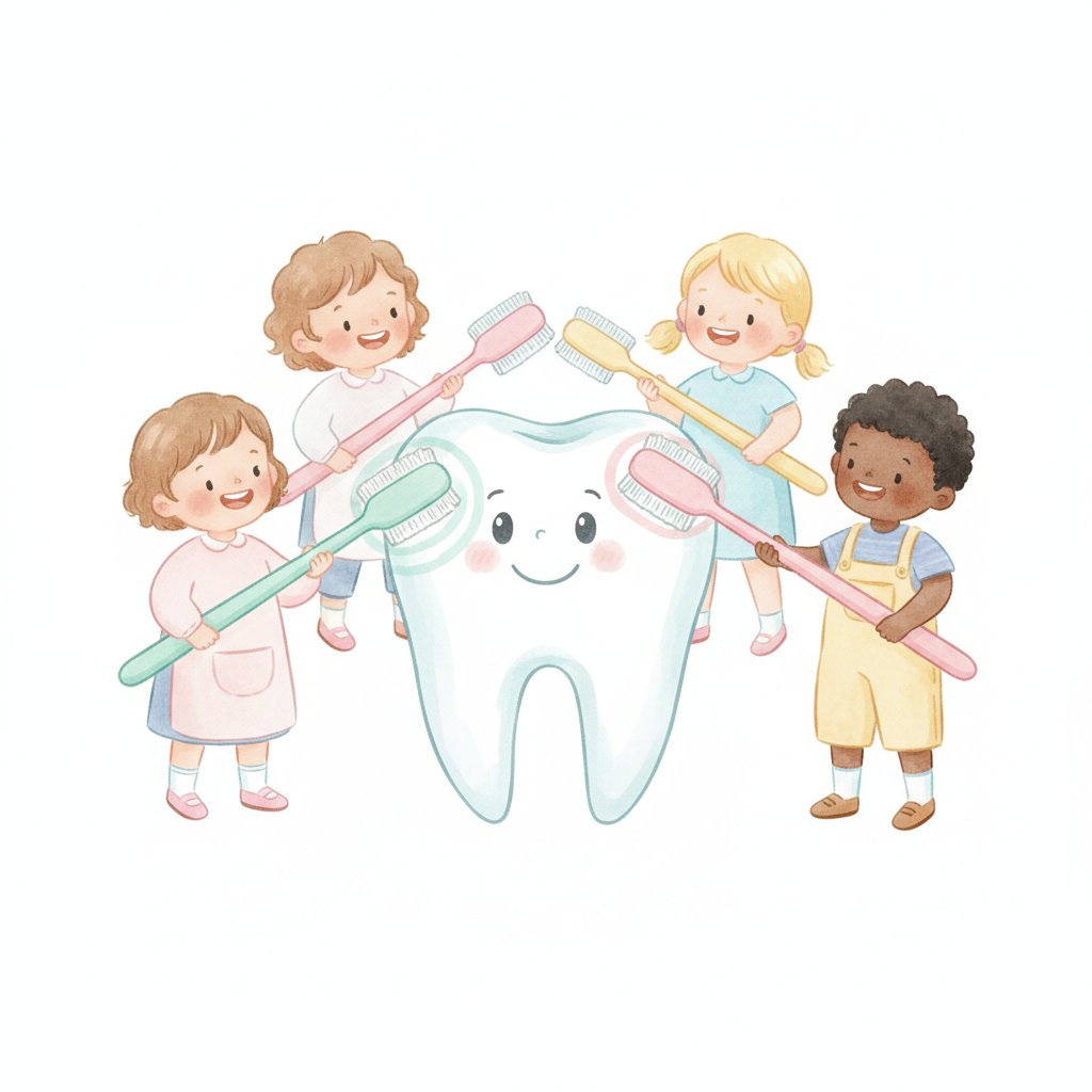 Watercolor illustration of preschoolers practicing brushing on a big friendly tooth model with oversized toothbrushes
