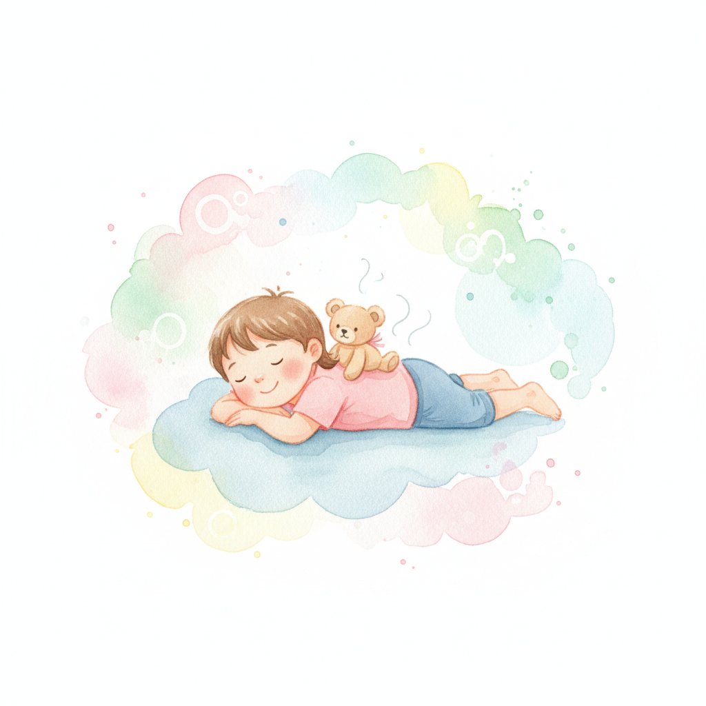 a young child lying down doing belly breathing with a small stuffed animal