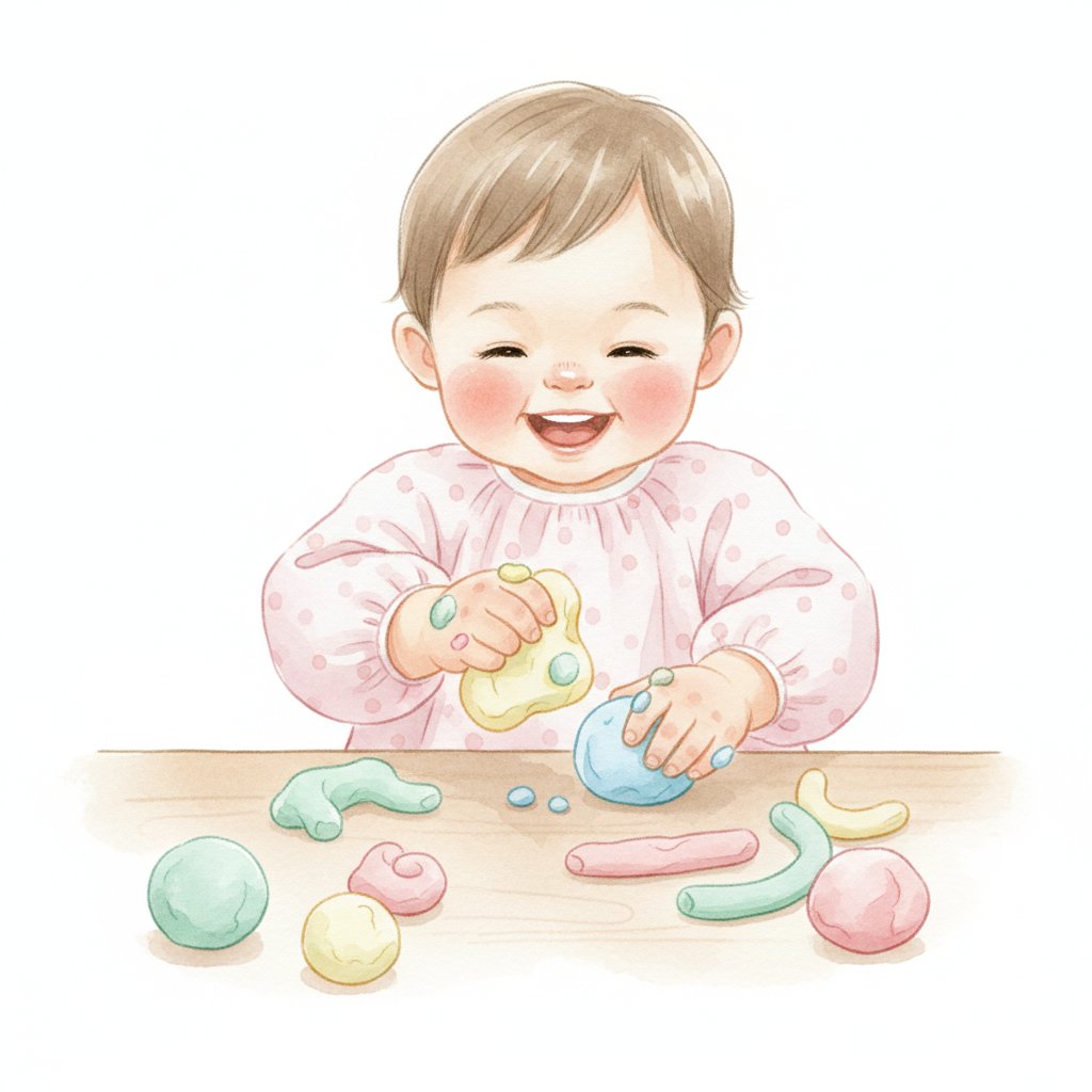 A toddler squeezing and rolling soft play dough into balls, soft watercolor