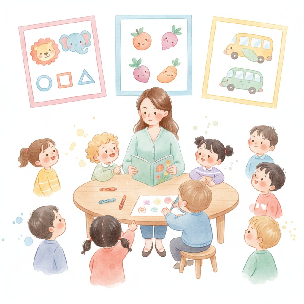 Children looking at friendly classroom wall posters as silent helpers