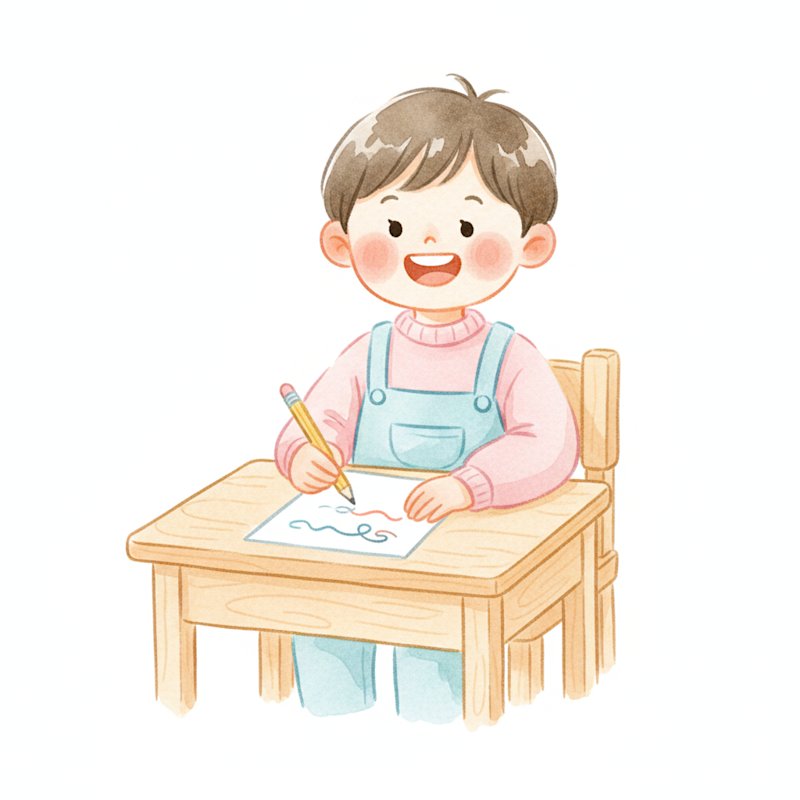 Watercolor illustration of a proud kindergartner holding a pencil over a sheet of paper