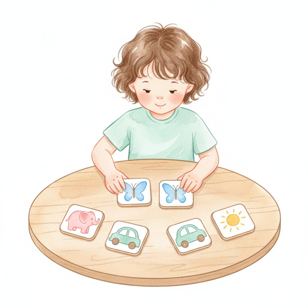 Watercolor illustration of a child matching pairs of picture cards in a memory game