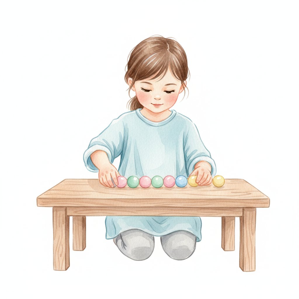 A child arranging beads in a repeating pattern