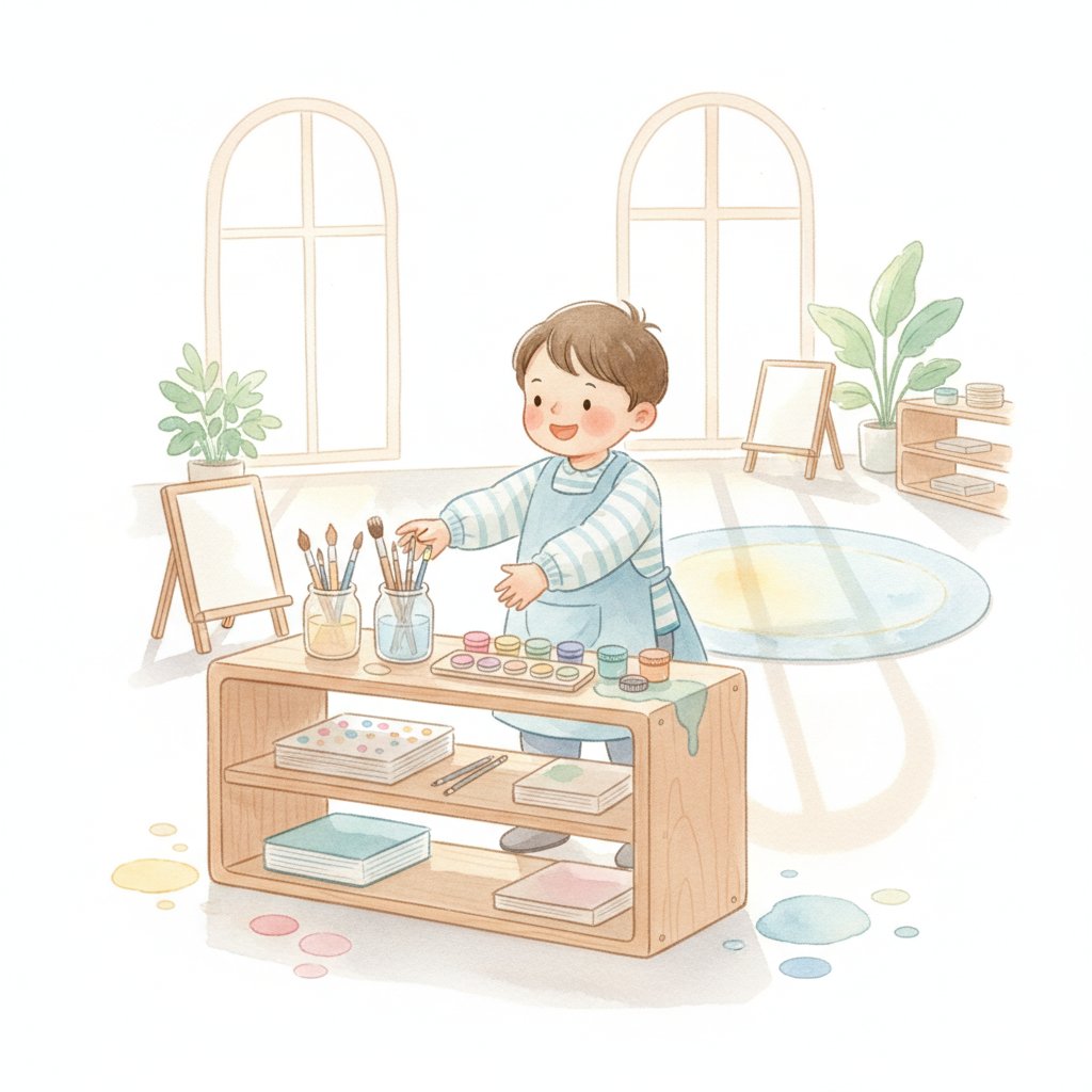 Young child reaching for paint and brushes on a tidy classroom art shelf