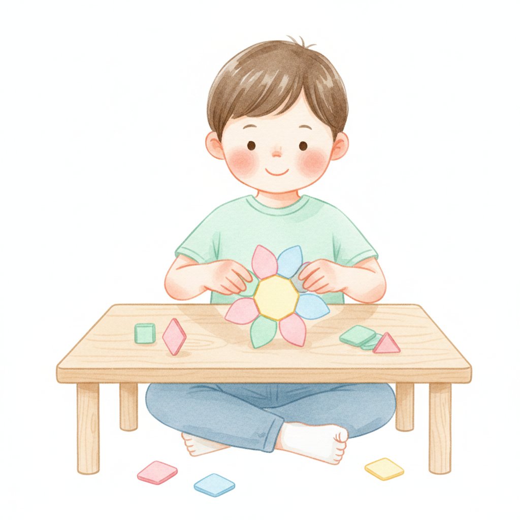 Watercolor illustration of a child building a flower picture out of pattern blocks
