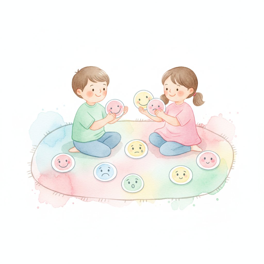 young children sorting and matching gentle emotion face cards on a rug