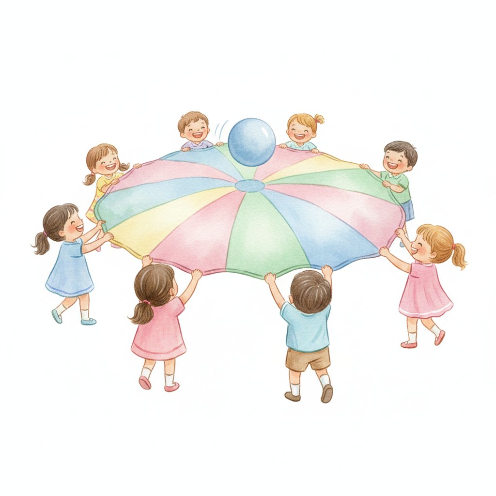 Watercolor illustration of preschoolers cooperating to lift a colorful play parachute and bounce a ball together