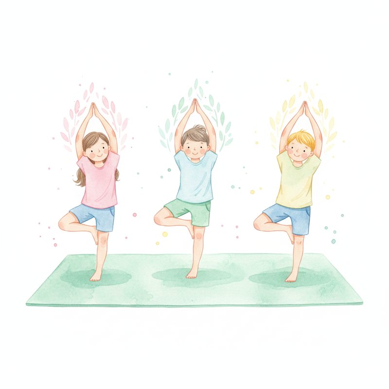 Watercolor of children balancing in yoga tree pose on a mat
