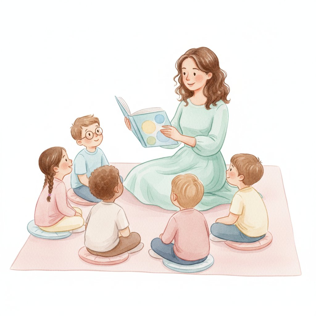 a teacher reading a picture book to attentive seated preschoolers