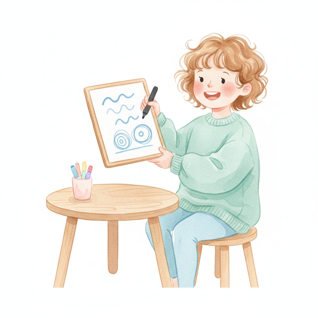 Child writing on a small whiteboard at a table