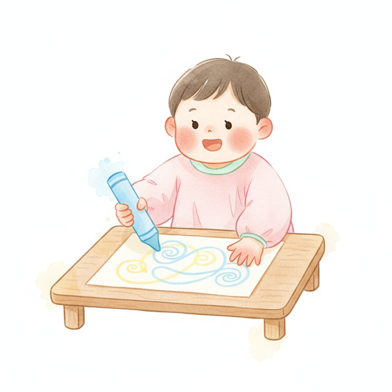 Watercolor of a happy child making marks on paper with a crayon