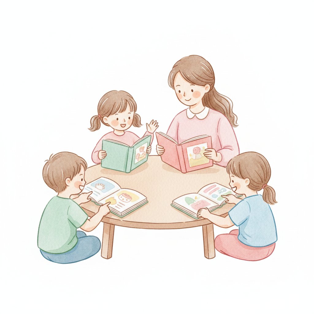 Watercolor illustration of children doing guided reading at a table with a teacher