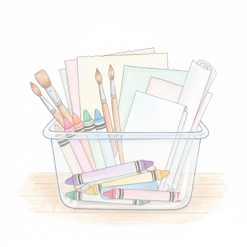 Tidy preschool art supply bin full of crayons brushes and paper within reach